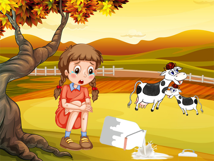 เด็กสาวรีดนมวัวกับถังนม